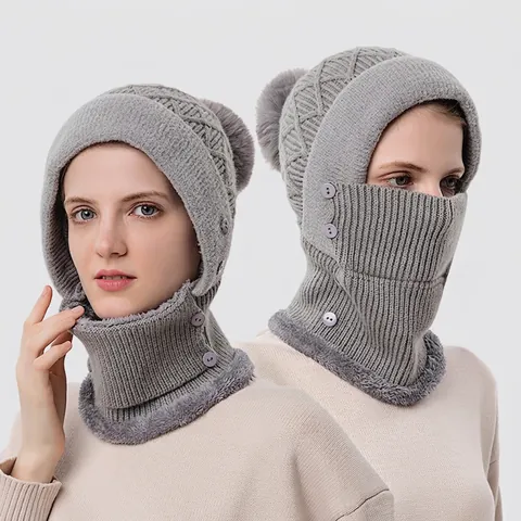 Passamontagna In Maglia Foderato In Pile Scaldacollo Sciarpa Con Pom Pon E Bottoni Inverno All Aperto Per Donna
