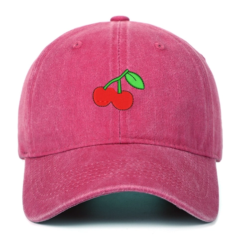Cherry Embroidery Baseball Cap Washed Cotton Distressed Retro Adjustable Outdoor Sun Hat For Women