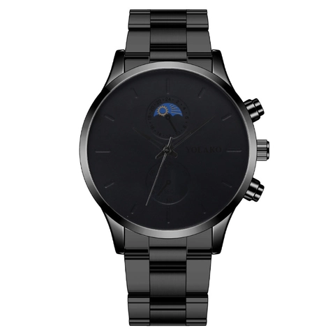 YOLAKO Orologio da Uomo al Quarzo Moda Cassa in Lega Cinturino in Acciaio Inossidabile Fase Lunare Sotto-Quadranti Orologio da Polso Nero