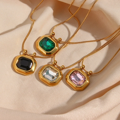 Anhänger Halskette Vintage Quadrat Zirkon 18K Vergoldet Edelstahl Schlangenkette Eleganter Schmuck Für Damen