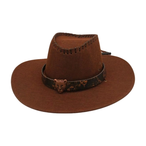 Western Cowboy Hat Wide Brim Felt Leopard Head Metal Buckle Vintage Ethnic Style Outdoor Sun Protection Adjustable Strap