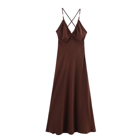 Linnenmix Beaded Maxi Jurk Diepe V-Hals Mouwloos Rugloos Met Strik Cami Effen Bruin Zomer Vakantie