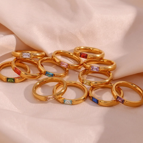 Roestvrijstalen Ring 18K Verguld Rechthoek Zirkoon Geboortesteen Minimalistische Mode Sieraden Voor Dames
