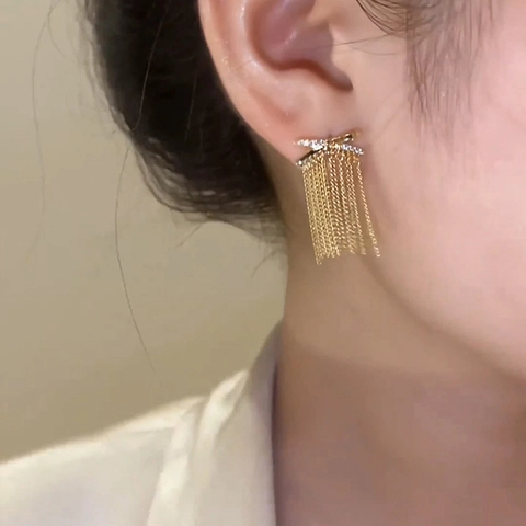 Bow Tassel Drop Earrings Gold Plated Copper Cubic Zirconia With Silver Earring Post Elegant Jewelry For Women