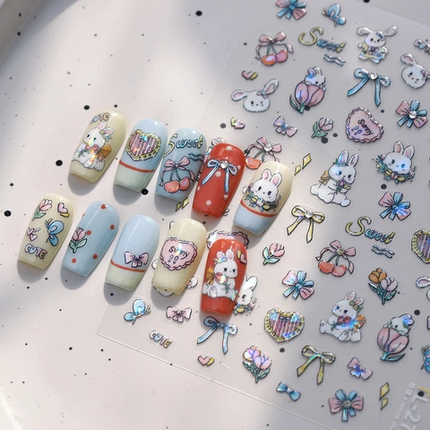 3D Embossed Nail Art Stickers Laser Holographic Cartoon Rabbit Bow Heart Patterns DIY Manicure Decals Self Adhesive