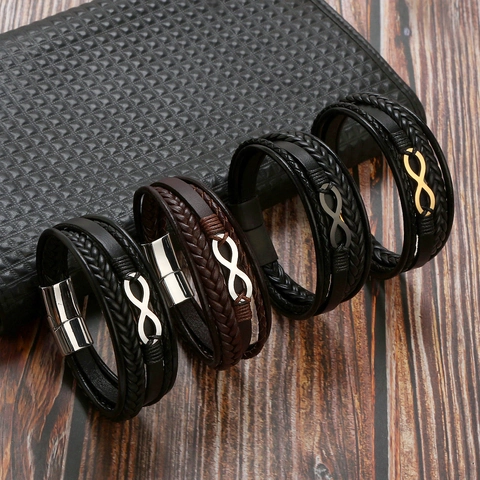 Bracelet Homme En Cuir Tressé Multicouche Avec Symbole Infini Acier Inoxydable Fermoir Magnétique Bijoux Vintage