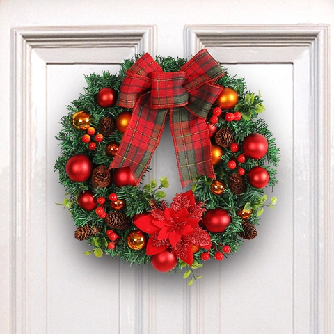 Weihnachts Kranz Mit Roter Karo Schleife Tannenzapfen Rot Goldene Kugeln Weihnachtsstern Für Haustür Wand Deko