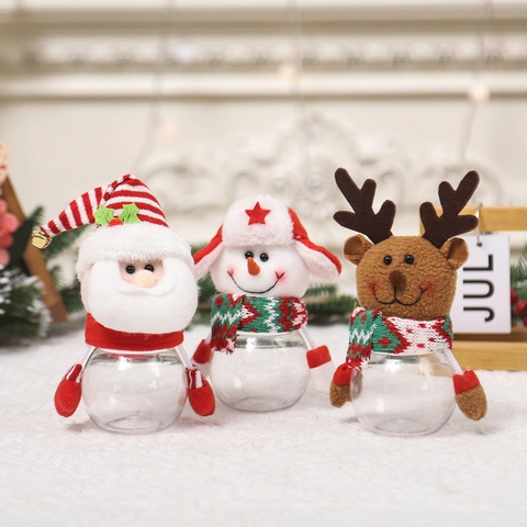 Tarros De Caramelos De Navidad Plástico PET Transparente Papá Noel Muñeco De Nieve Reno Felpa Almacenamiento Decorativo Botellas Regalo Adorno