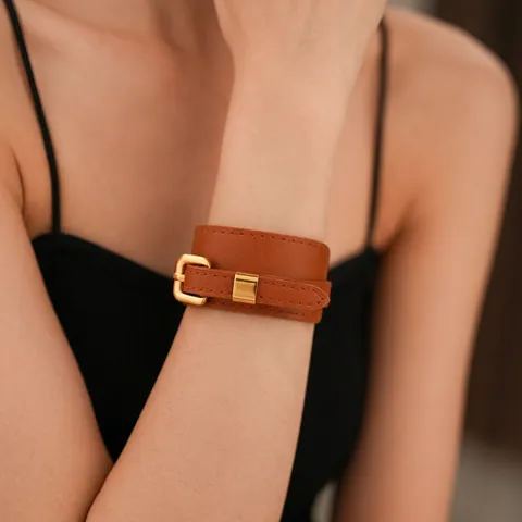 Bracciale In Pelle Avvolgente Da Donna Con Fibbia In Lega Dorata Regolabile Gioielli Di Moda Minimalista Chic