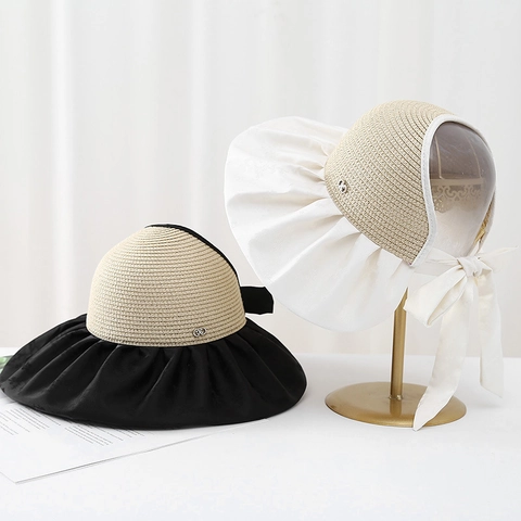 Women Sun Visor Hat Straw Fabric Patchwork Large Brim UV Protection Back Bow Breathable Summer Beach French Style Chic