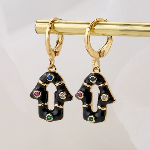 Hamsa Hand Hoop Dangle Ohrringe Kupfer 18K Vergoldet Emaille Zirkon Geometrisch Boho Stil Damen Mode Accessoire
