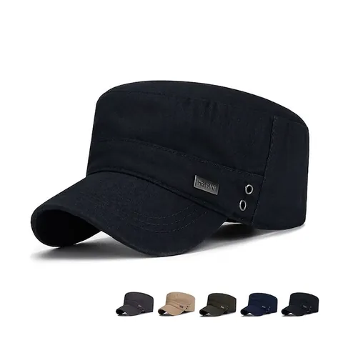Men Cotton Flat Top Cadet Cap Military Style Outdoor Casual Sunshade Breathable Adjustable Metal Label Solid Color Hat
