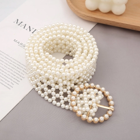 Elegant Women Wide Artificial Pearl Woven Elastic Belt Multi Row Imitation Artificial Pearl Waist Chain For Dress Wedding Party Vintage Accessory