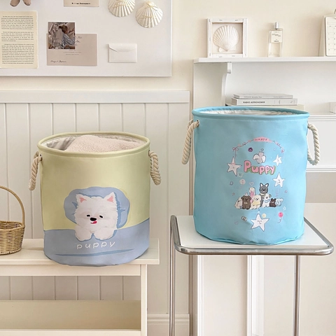 Laundry Basket Large Cotton Linen Hamper Foldable Storage Bin With Rope Handles Cartoon Puppy Bear Pattern For Clothes Toys