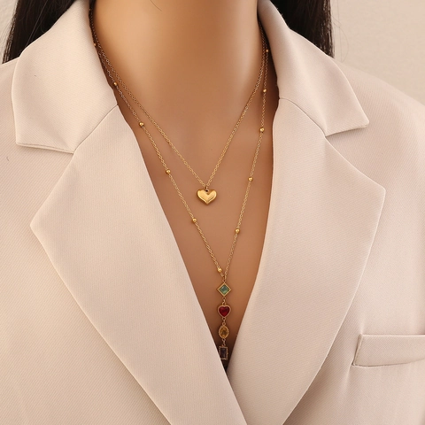 Double Layer Y Necklace Stainless Steel Colorful Glass Heart Square Charms Gold Plated Elegant Sweet Women