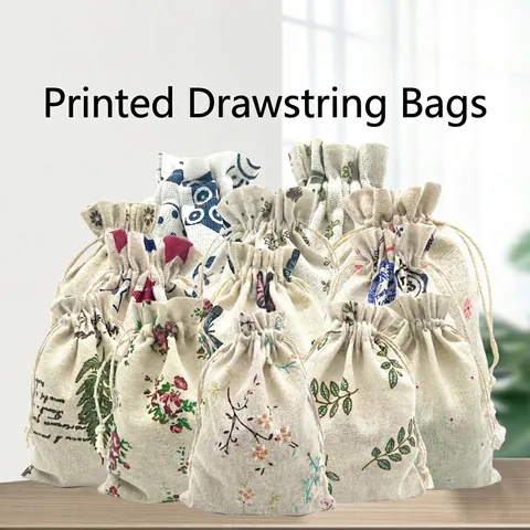 Printed Cotton Linen Drawstring Bags Floral Animal Pouch For Gift Packaging Jewelry Storage Sachet Holder Pastoral Style