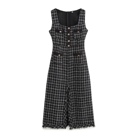 Women Retro French Style Tweed Maxi Dress Sleeveless Square Neck Metal Buttons Fringe Hem Elegant Long Dress