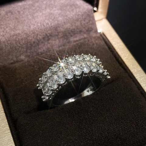 Luxury Women Ring Copper Platinum Plated Three Row Baguette Round Cubic Zirconia Geometric Elegant Jewelry Gift