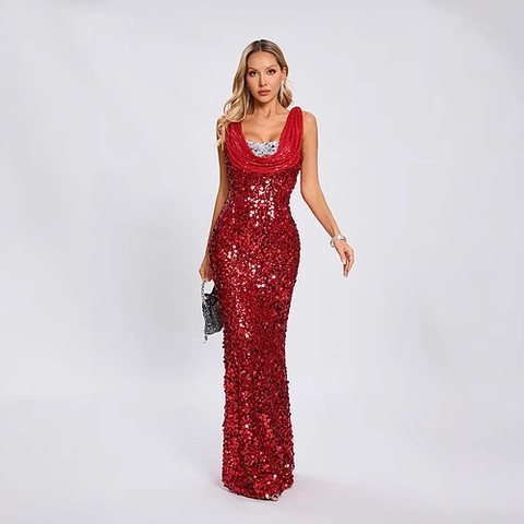 Abito Da Sera Paillettes Rosso Argento Patchwork Scollo A Cappuccio Sexy Maxi Abito Da Donna Festa Natale Sirena Schiena Scoperta