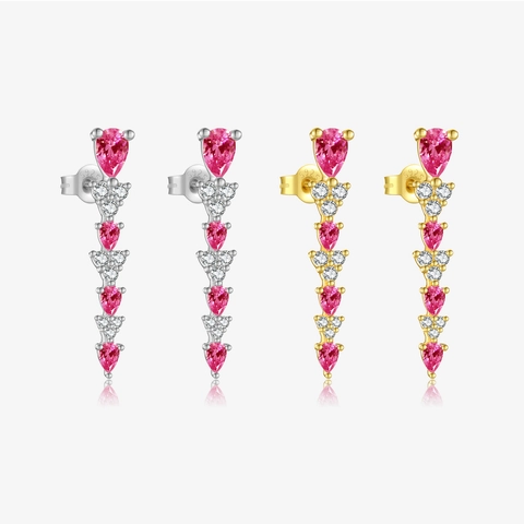 Orecchini Pendenti Lunghi Lineari Con Gemma Di Pera Rosa E Zirconia In Argento Sterling 925 Per Donna
