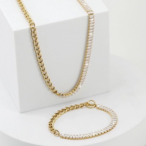 Collana Bracciale A Maglia Cubana Giuntata Acciaio Inossidabile Placcato Oro 18K Zirconia Rettangolare Chiusura A T
