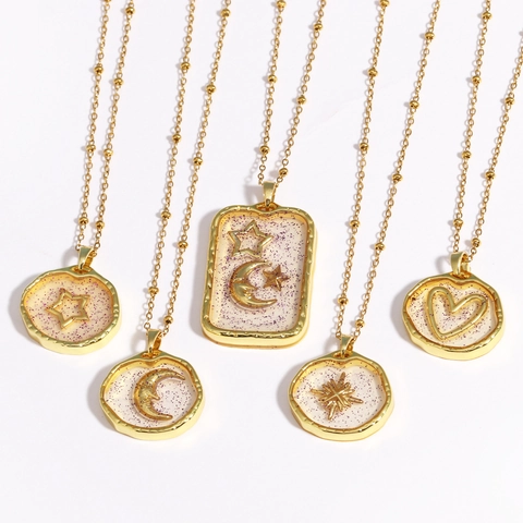 Celestial Pendant Necklace Gold Plated Alloy Resin With Glitter Heart Star Moon Charms Fashion Jewelry For Women