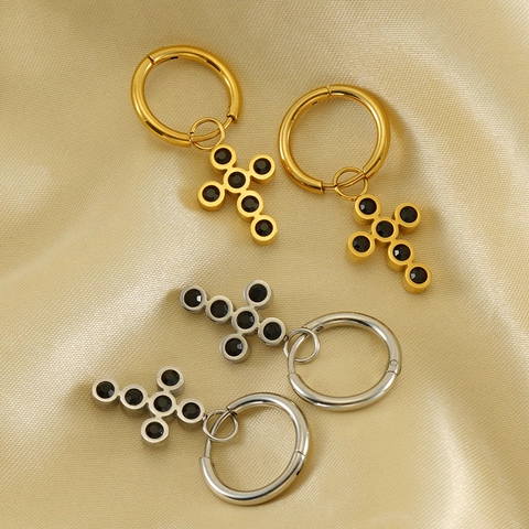 Pendientes De Aro Con Colgante De Cruz Acero Inoxidable Chapado En Oro De 18K Circonita Negra Incrustada Estilo Punk Gótico Joyas Mujer