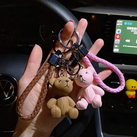 Cartoon Beer Sleutelhanger Met Gevlochten Kunstleren Band Hars Teddybeer Auto Sleutelring Voor Rugzak Charm Cadeau