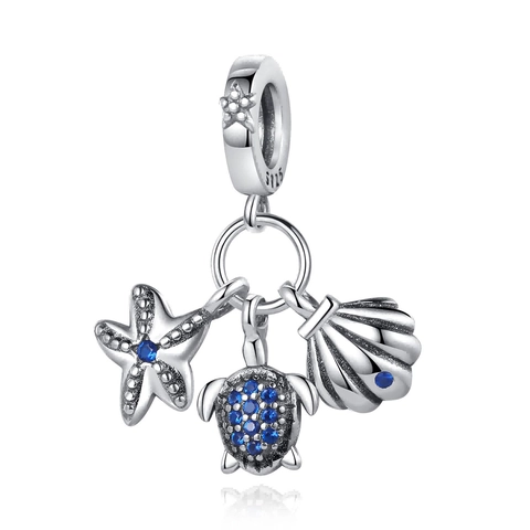 Ocean Series 925 Sterling Silver Charms Pendants Starfish Sea Turtle Dolphin Octopus Shell Blue Enamel Zirconia Jewelry