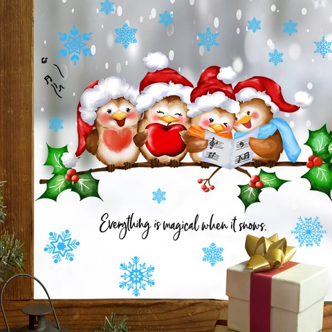 Weihnachten Cartoon Vogel Winter Zweig Schneeflocke Wandaufkleber PVC Wasserdicht Fenster Aufkleber Home Dekoration