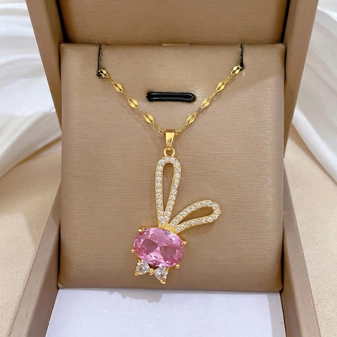 Konijn Hanger Ketting Roestvrijstalen Ketting Koper Roze Ovale Edelsteen Witte Zirkoon Pavé Elegante Zoete Sieraden Voor Dames