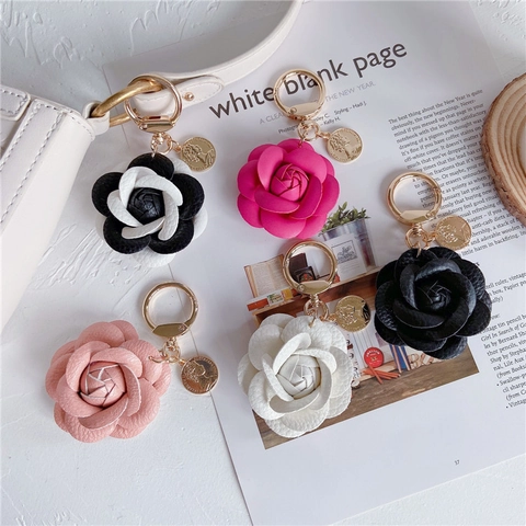 Llavero De Flor De Camelia Cuero Colgante De Bolso Con Moneda De Metal Dorado Elegante Llavero Para Coche Mujer