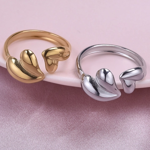 Double Heart Open Ring 304 Stainless Steel 18K Gold Plated Adjustable Polished Minimalist Fashion Jewelry For Women