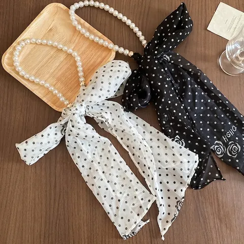 Polka Dot Satinnschal Künstliche Perlenkette Eleganter Blumendruck Stoff Französisch Retro Langer Halsschmuck Damen Accessoire