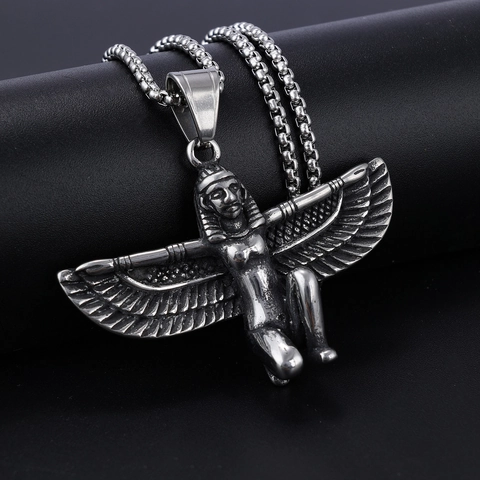 Egyptian Goddess Wing Pendant Necklace Vintage Stainless Steel Winged Mythological Jewelry For Men Unisex Personality Retro