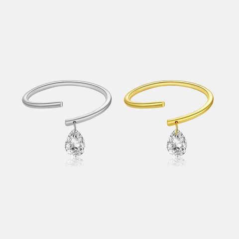 Verstellbarer Ring Aus 925er Sterlingsilber Mit Wassertropfen-Zirkonia-Anhänger Zierlicher Minimalistischer Schmuck