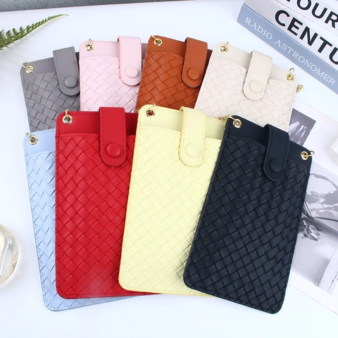 Women Woven PU Leather Mobile Phone Bag Mini Vertical Crossbody Bag With Metal Chain Chic Solid Color Small Pouch