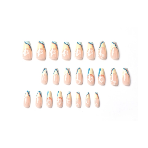 Franse Golfpatroon Witte Bloem Lange Coffin Press On Nails Zomer Strand Stijl Kleurrijke Kunstnagels Voor Dames