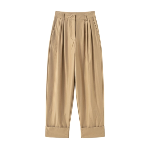Damen Hose Mit Hoher Taille Weitem Bein Khaki Plissee Lässige Bürohose Mit Aufschlag Mode Schicker Harem Stil