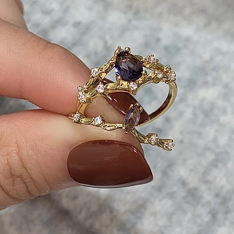 Französischer Vintage Kupferring Mit Lila Zirkonia Für Damen Birne Marquise Schliff Blatt Rebe Design Verstellbar