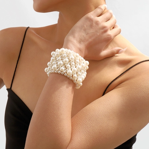 Elegant Wide Multi Layer Simulated Artificial Pearl Bracelet Beaded Elastic Cuff Jewelry For Women Vintage Style Accessory