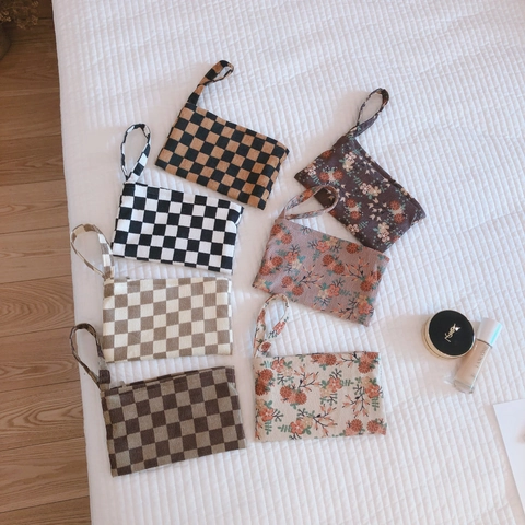 Vintage Corduroy Floral Checkered Mobile Phone Bag Mini Handbag Zipper Wristlet Pouch Organizer Makeup Wallet For Women