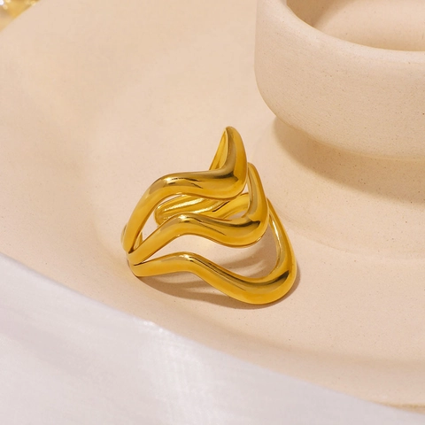 Golvende Geometrische Ring Meerlaags 18K Verguld Roestvrij Staal Verstelbare Open Band Waterdichte Hypoallergene Sieraden