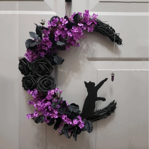 Halloween Mond Katze Kranz Mondsichel Türbehang Gothic Schwarze Rose Lila Blume Simulation Rattan Dekor Für Wand Party