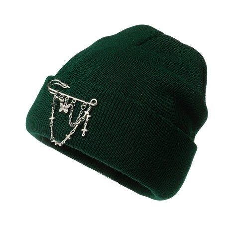 Hip Hop Knit Beanie Hat For Women Men Winter Warm Acrylic Skull Cap With Butterfly Metal Chain Pin Accessories Y2K Streetwear