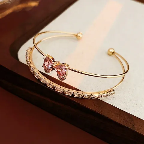 Layered Open Bangle For Women With Pink Heart Zircon Bow And Baguette Cut Zircon In Copper Elegant Fashion Jewelry