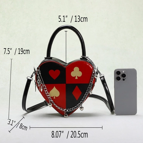 Heart Shaped Handbag PU Leather Poker Suit Print Crossbody Bag With Metal Chain Heart Pendant Fashion For Women