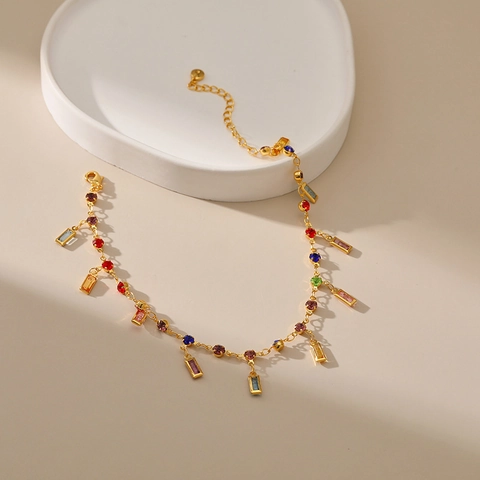Tobillera Vintage De Cristal De Colores Con Diamantes De Imitación Cobre Chapado En Oro Colgante Geométrico Joyería Para Mujer Playa Verano