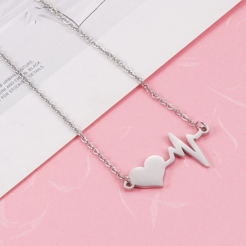 Stainless Steel Heart Heartbeat EKG Pendant Necklace Minimalist Jewelry For Women Couples Creative Mirror Polished
