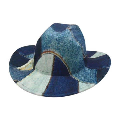 Retro Denim Patchwork Fedora Hat Wide Brim Western Cowboy Sun Protection Breathable Vintage Style For Travel Vacation